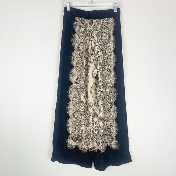 H&M Pants Womens 4 Wide-Leg Crop Boho Chic Baroque Print Black Cream Flowy - Picture 5 of 11